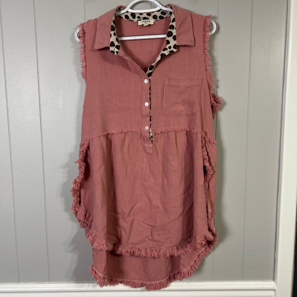 Umgee Women’s Large Dusty Rose Linen Cotton High Low Tunic Fringe Boho